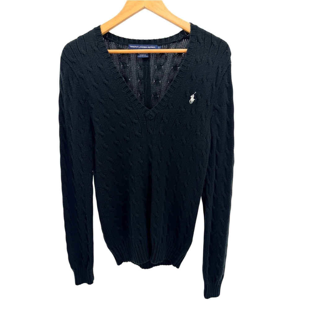 Ralph Lauren Black Cable Knit V-Neck Cotton Sweater L Preppy Coastal Old Money L